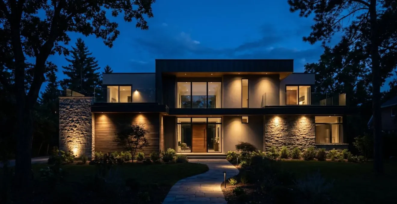 Vue nocturne d'une façade de maison avec éclairage architectural subtil orienté vers le bas, créant des jeux d'ombres et de lumières