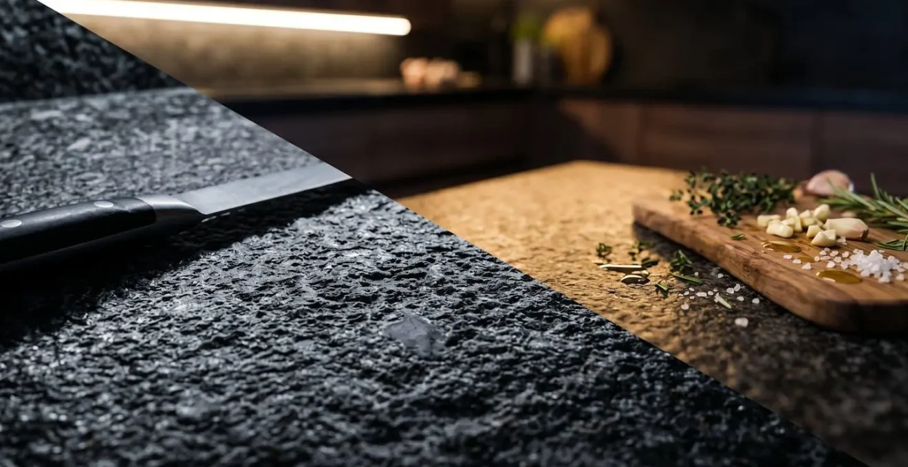 Plan de travail de cuisine moderne avec éclairage LED sous meubles hauts montrant deux intensités lumineuses différentes