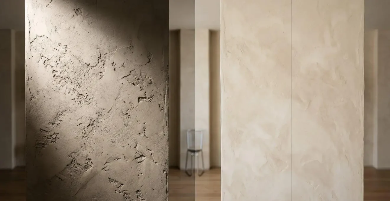 Comparaison d'éclairage sur mur en stuc montrant l'effet des ombres créées par un mauvais positionnement des spots
