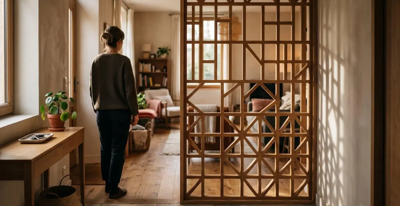 Vue intérieure d'une entrée avec claustra en bois créant un sas harmonieux
