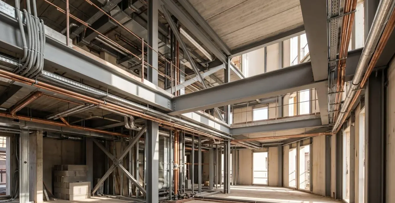 Vue en contre-plongée d'un chantier de construction montrant la structure apparente avant fermeture des cloisons