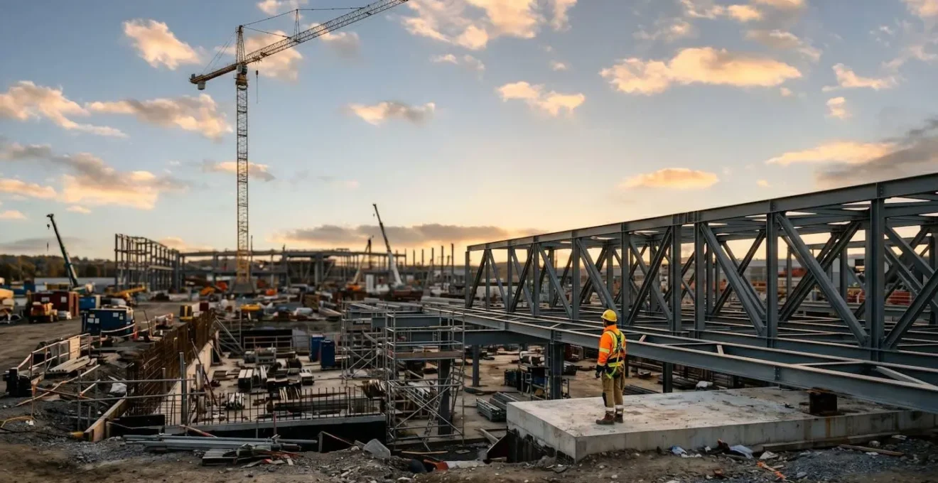Ouvrier sur un chantier inspectant une structure, symbolisant le contrôle de conformité.