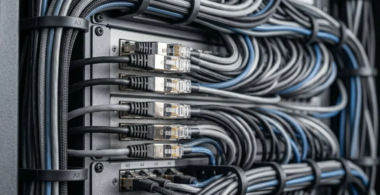 Gros plan sur installation professionnelle de câbles RJ45 dans coffret technique mural