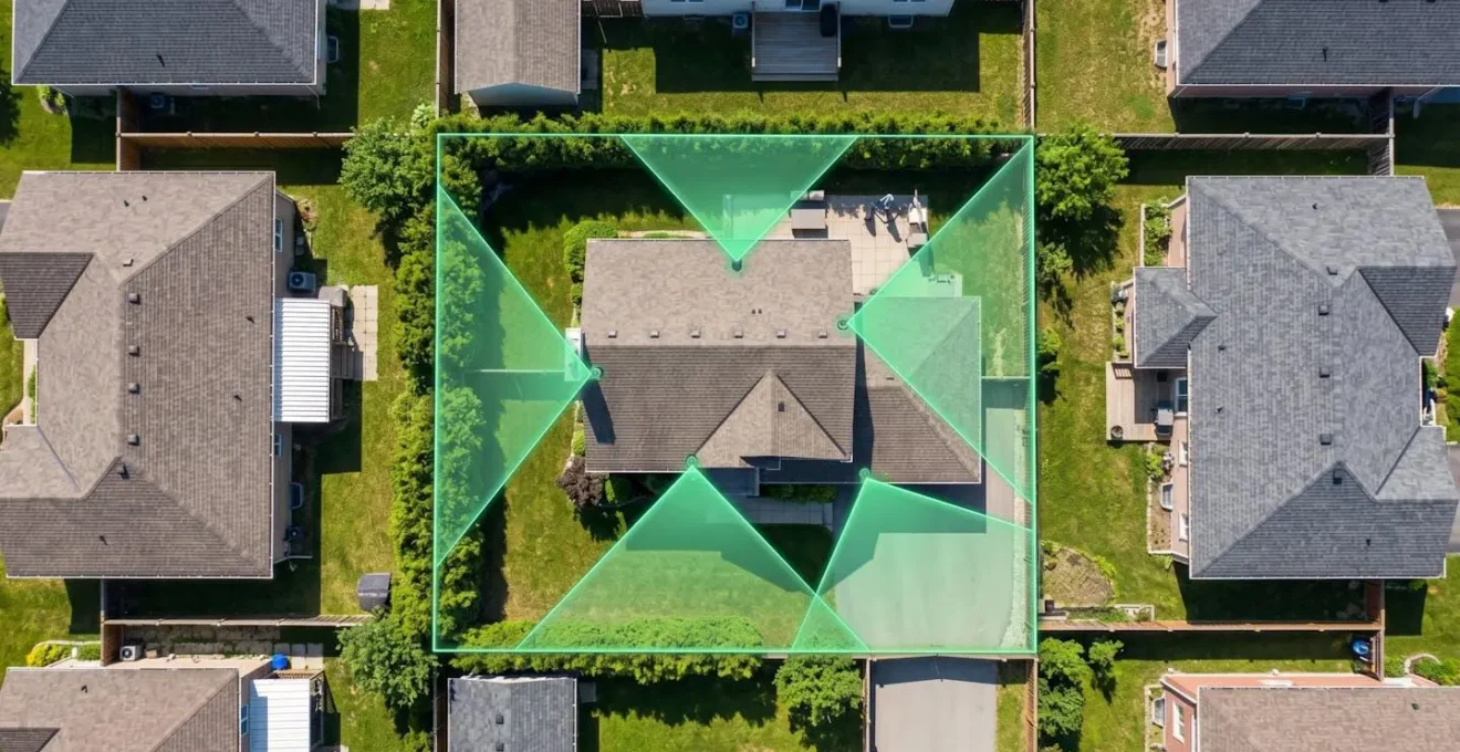 Vue aérienne d'une propriété montrant le placement optimal des caméras de surveillance respectant la vie privée