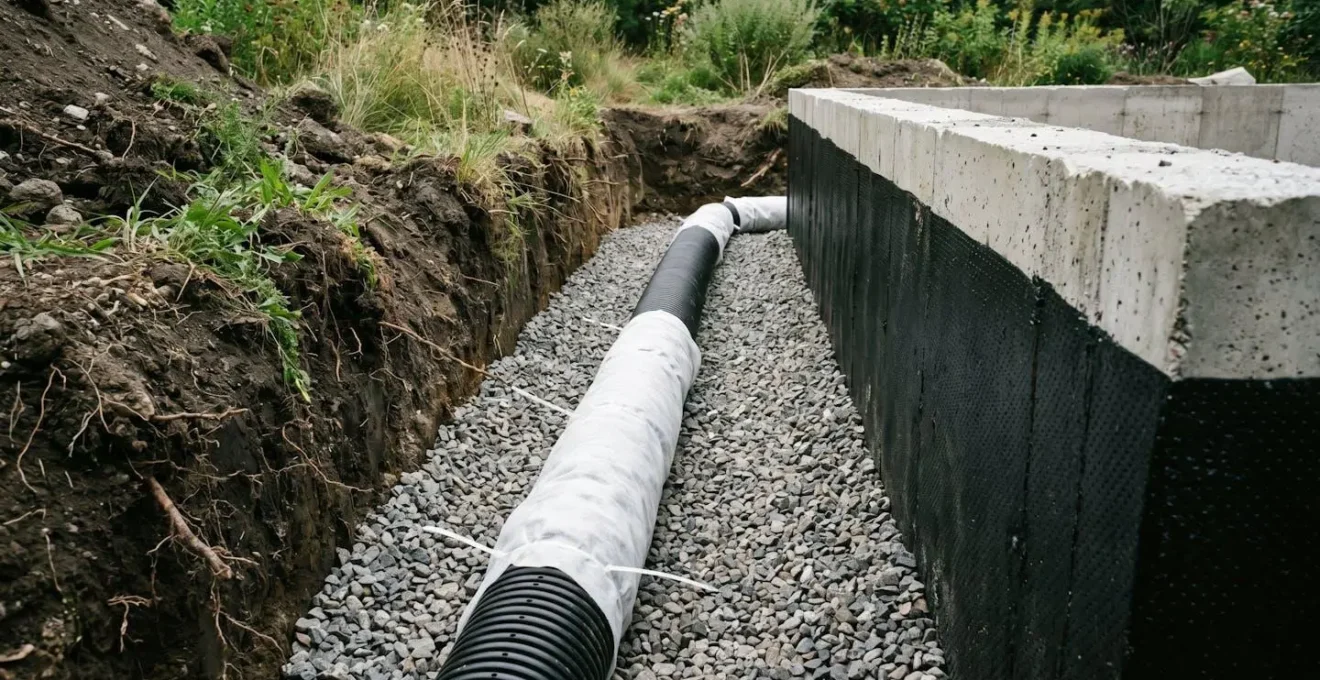 Tranchée avec drain périphérique enveloppé de géotextile le long d'une fondation