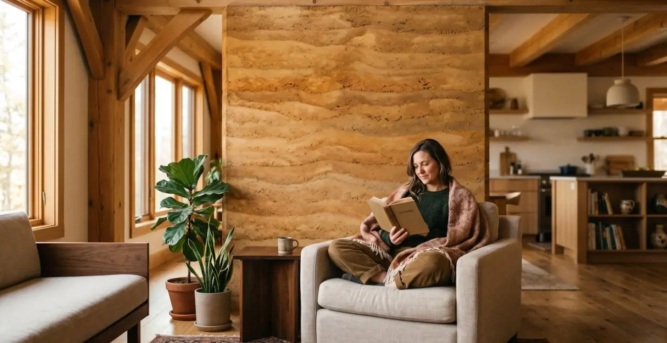 Intérieur moderne d'une maison ossature bois avec mur de refend en terre crue apparente