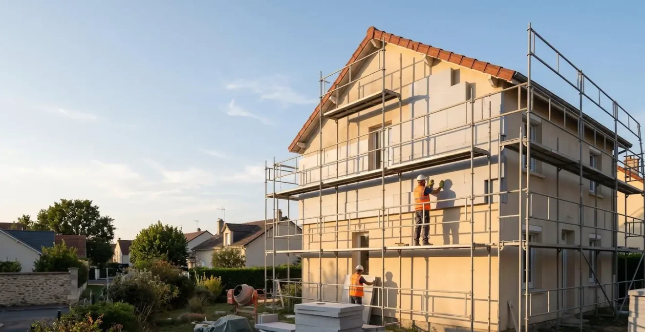 Vue d'ensemble d'une maison française en cours d'isolation par l'extérieur