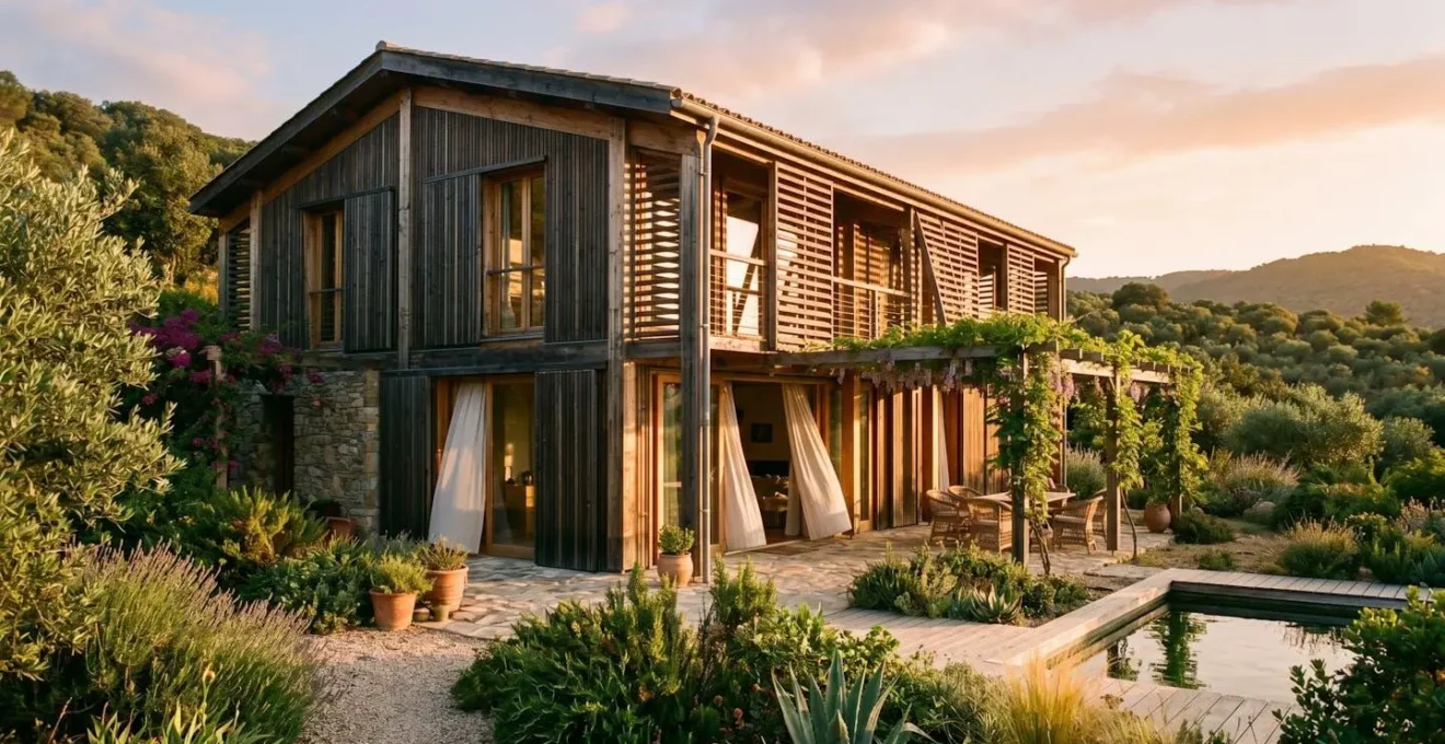 Façade de maison ossature bois avec brise-soleil orientables et végétation