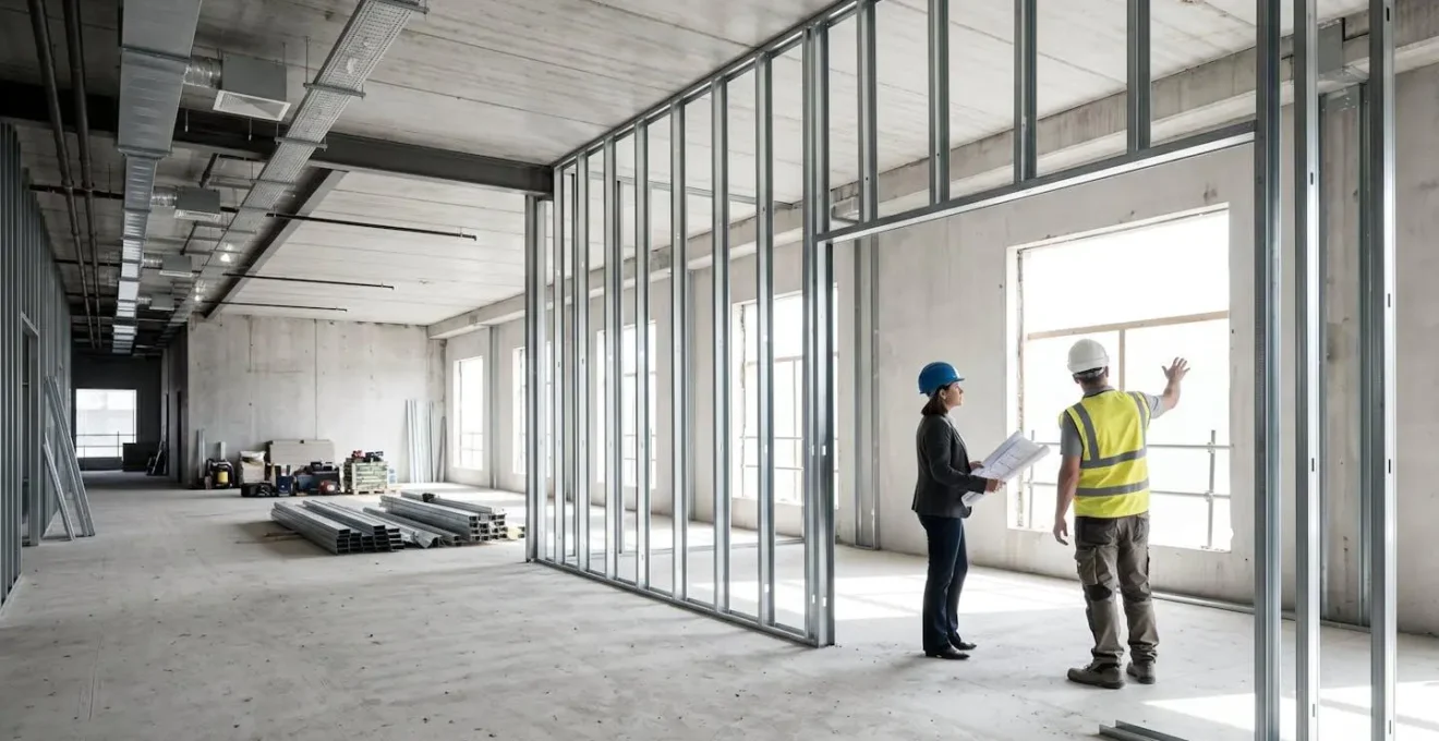 Discussion technique entre plaquiste et architecte sur un chantier avec plans modifiés