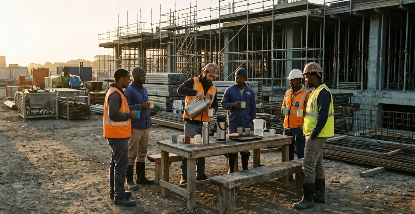 Moment de pause café conviviale entre artisans sur un chantier