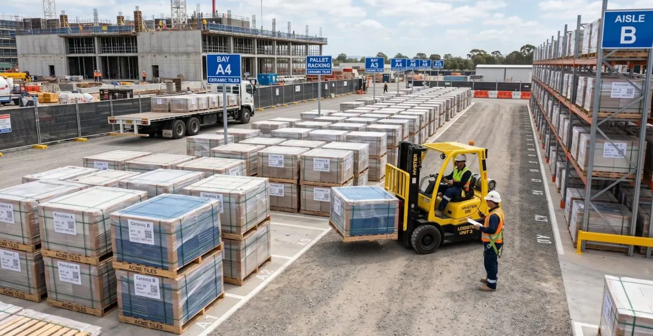 Palettes de tuiles stockées sur chantier avec organisation logistique