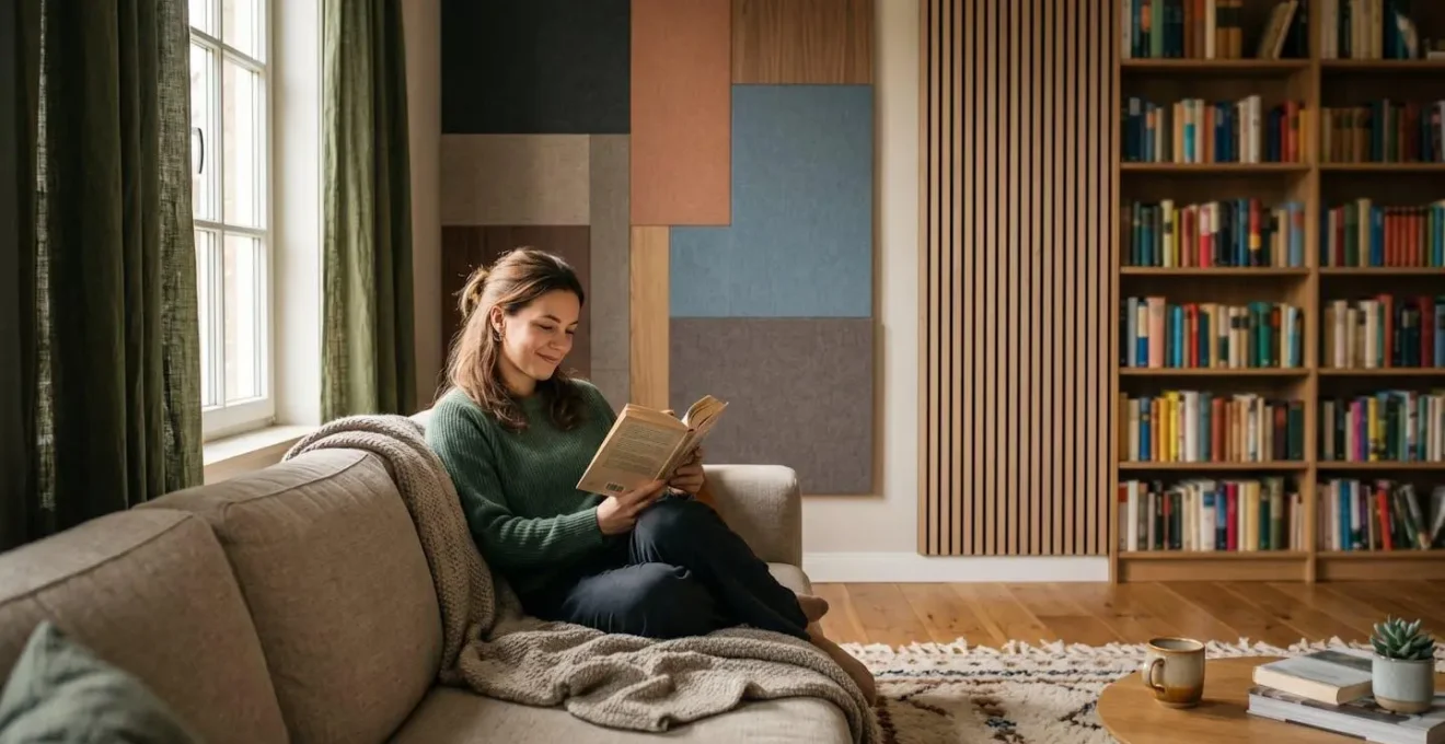 Salon contemporain avec panneaux acoustiques décoratifs intégrés harmonieusement