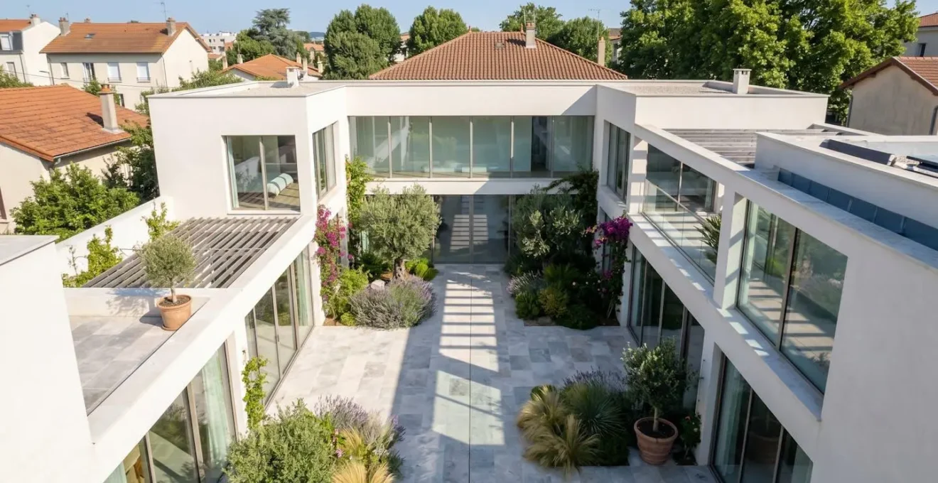 Vue aérienne d'une maison avec patio central verdoyant en milieu urbain
