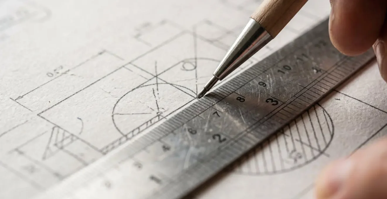 Vue aérienne d'un terrain avec maison et mesures architecturales matérialisées, géomètre au travail
