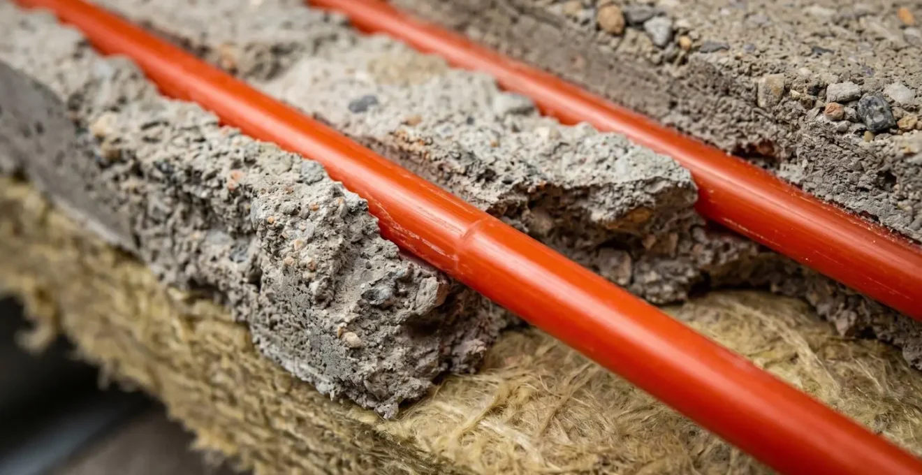 Vue en coupe d'un plancher chauffant avec tubes visibles dans dalle béton