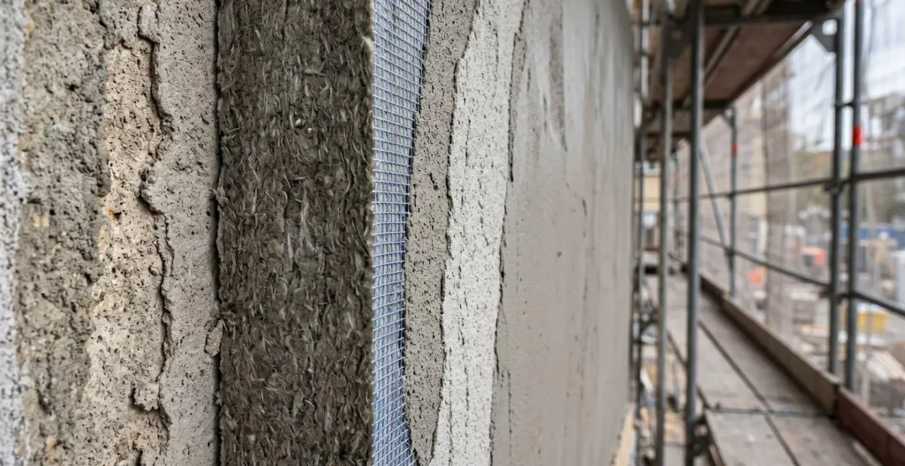 Gros plan sur une façade en cours de ravalement avec isolation thermique par l'extérieur, montrant les différentes couches de matériaux