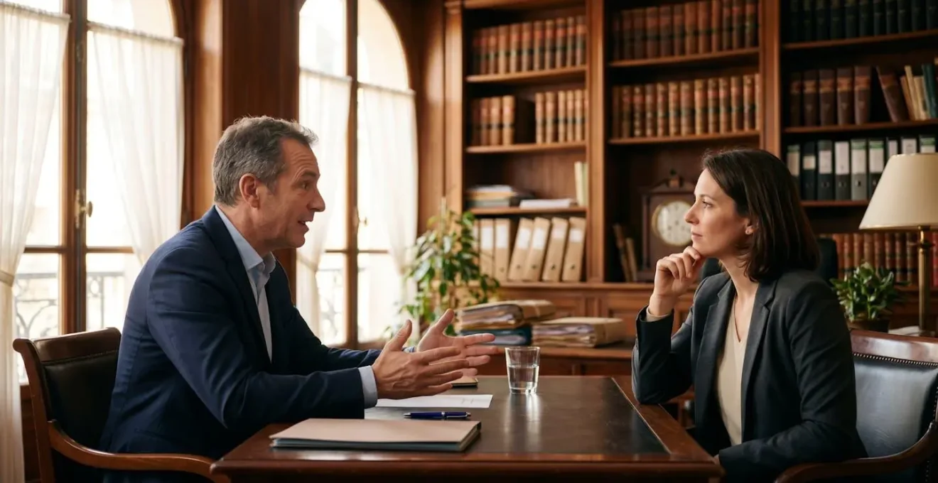Professionnels de l'immobilier en discussion confidentielle dans une étude notariale