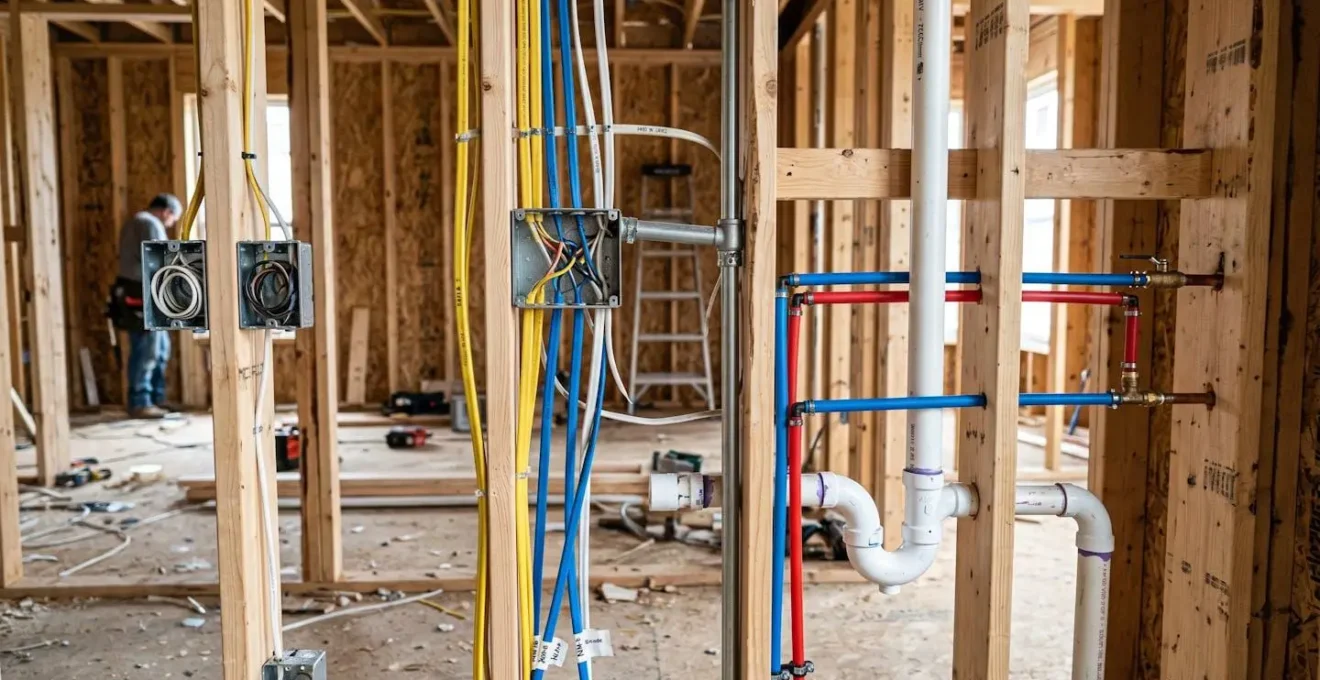 Vue détaillée des réseaux électriques et plomberie installés avant la pose du placo