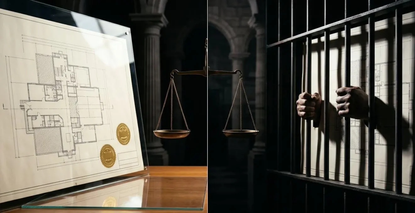 Comparaison visuelle entre des plans d'architecte originaux sous protection et des copies derrière des barreaux symbolisant les risques juridiques.