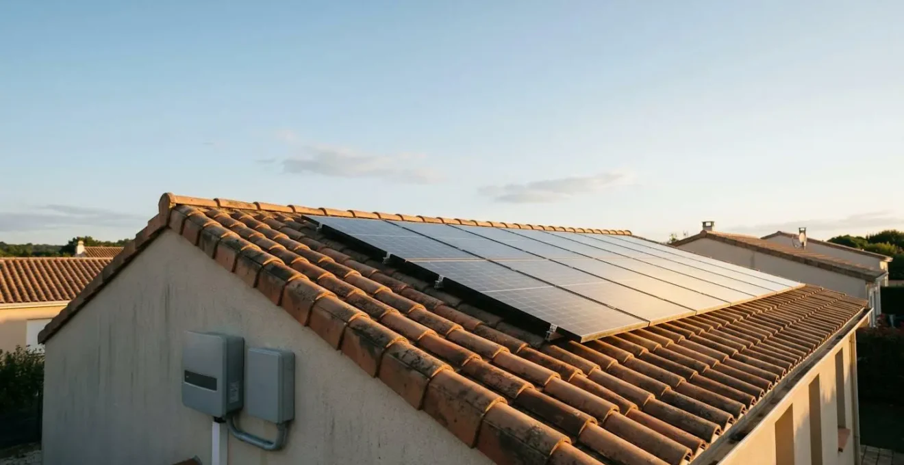 Installation photovoltaïque sur toit avec système de gestion d'énergie visible en arrière-plan