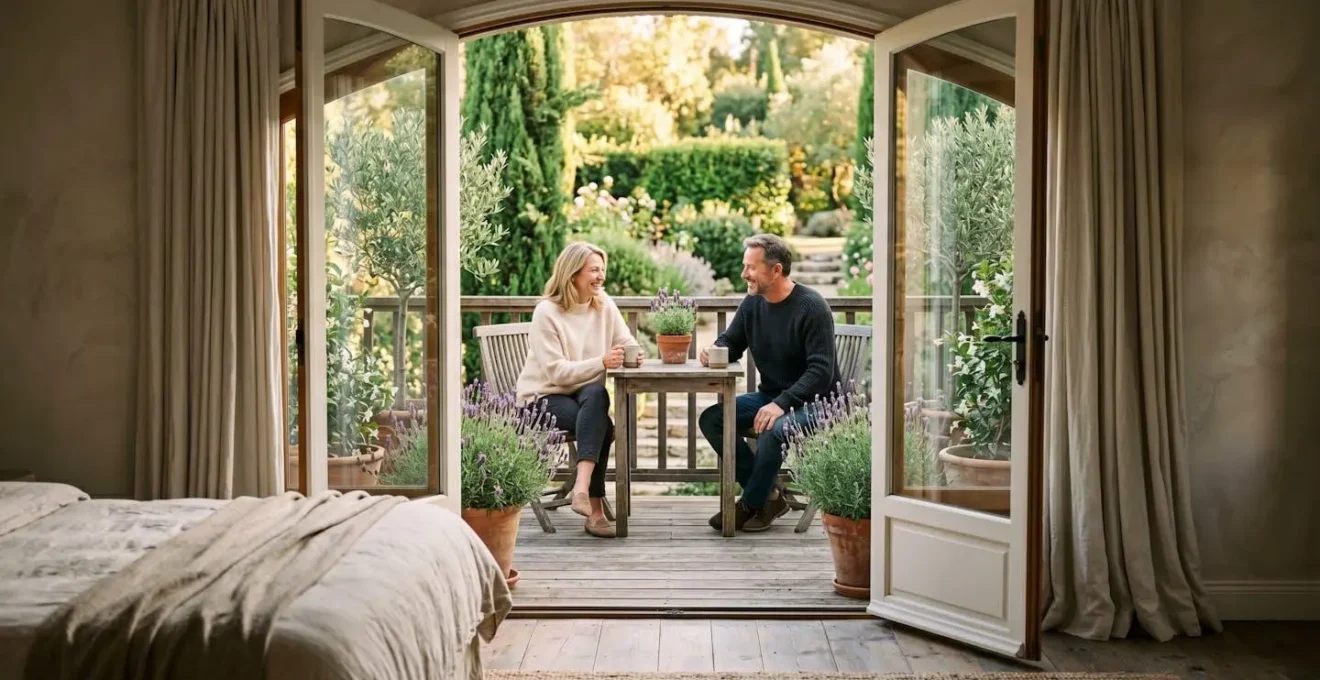Suite parentale avec porte-fenêtre ouvrant sur terrasse privée et jardin paysager