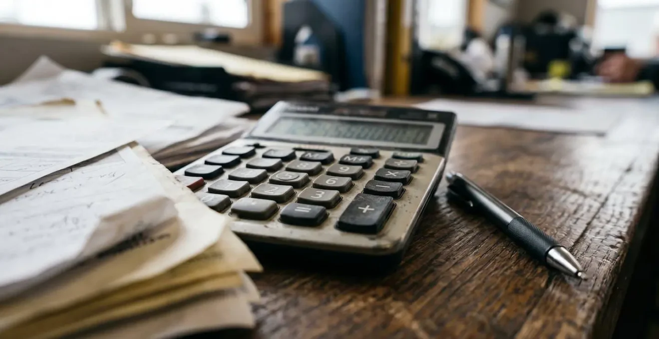 Vue macro d'un bureau avec calculatrice, factures et stylo, illustrant le suivi financier d'un chantier.