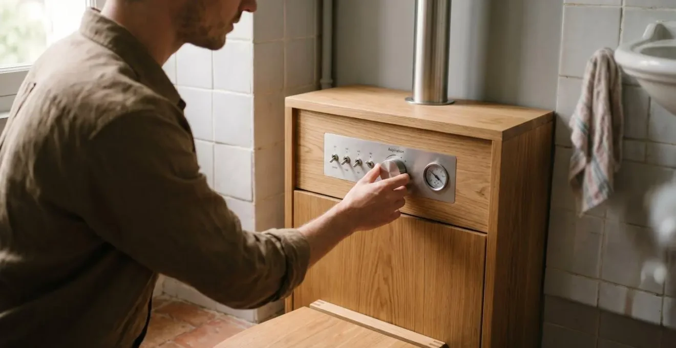 Installation moderne de toilettes sèches à séparation dans une salle de bain française avec système de ventilation