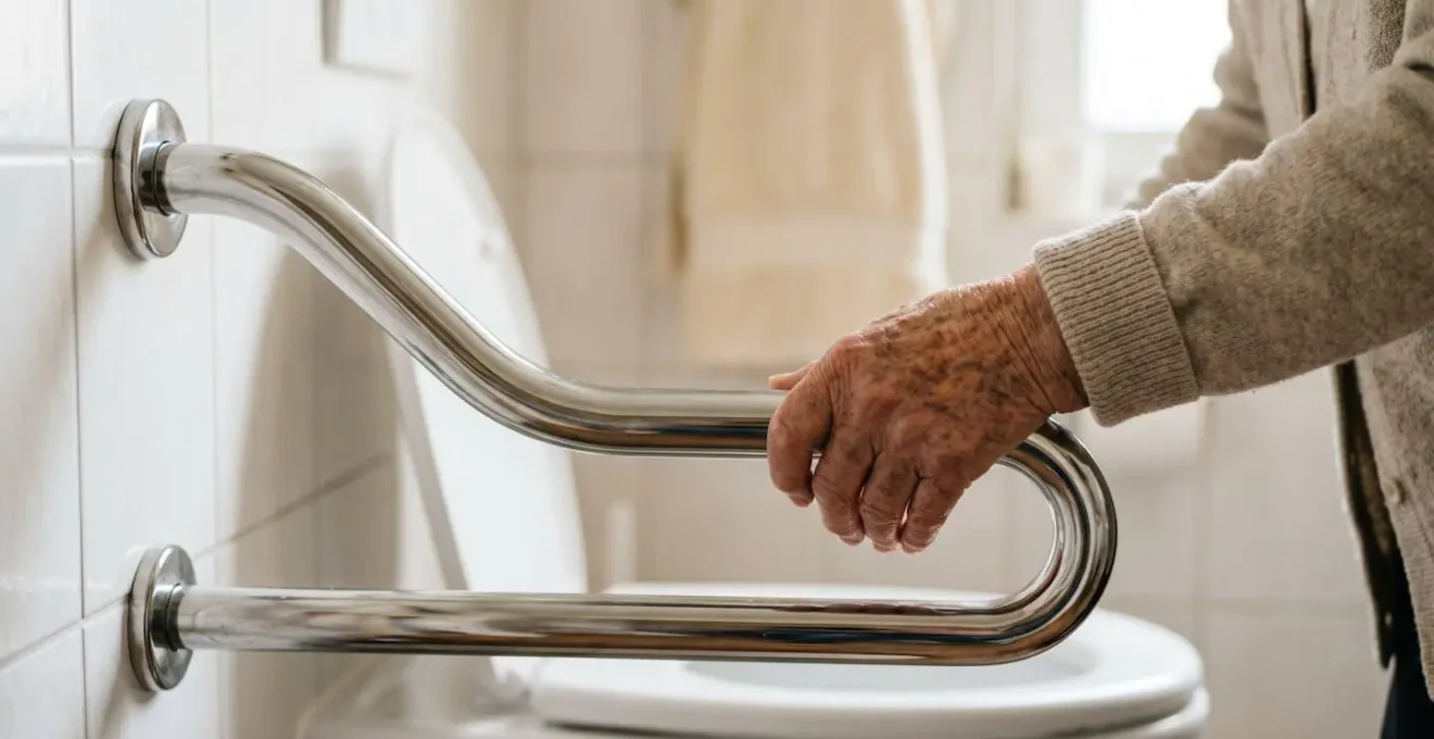 WC surélevés avec barres d'appui latérales dans une salle de bain adaptée pour senior