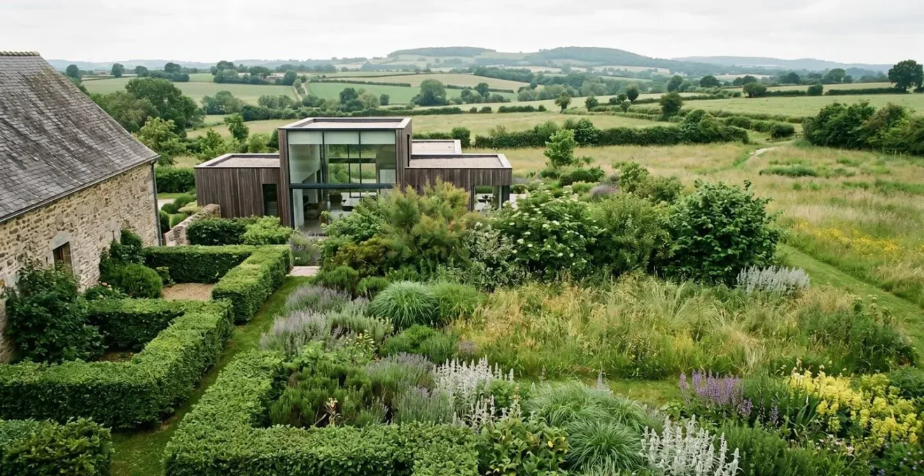 Vue large d'une maison contemporaine intégrée dans un jardin avec transition végétale progressive