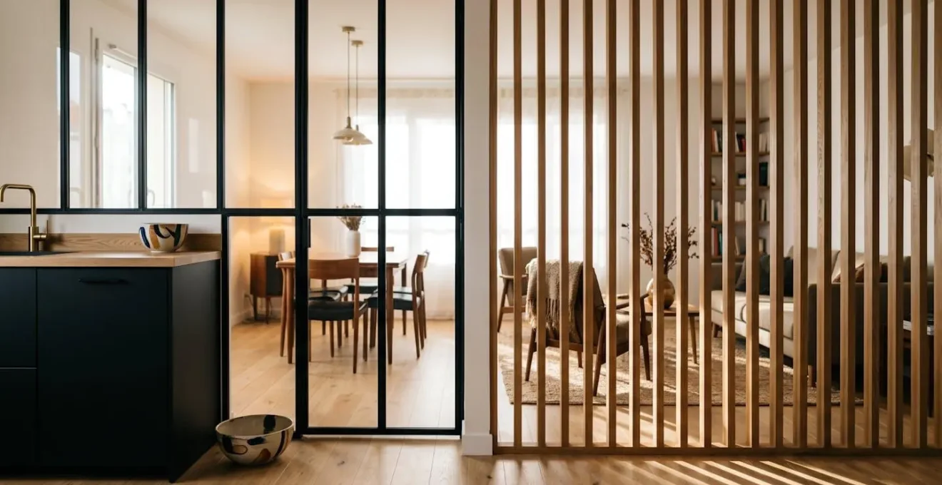 Verrière d'atelier et claustra en bois séparant cuisine et salon