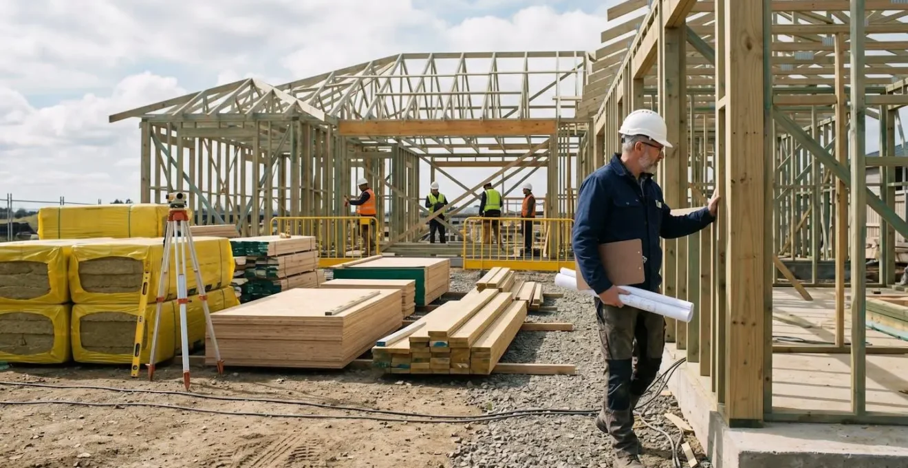 Architecte vérifiant la qualité des travaux sur un chantier en cours avec matériaux visibles