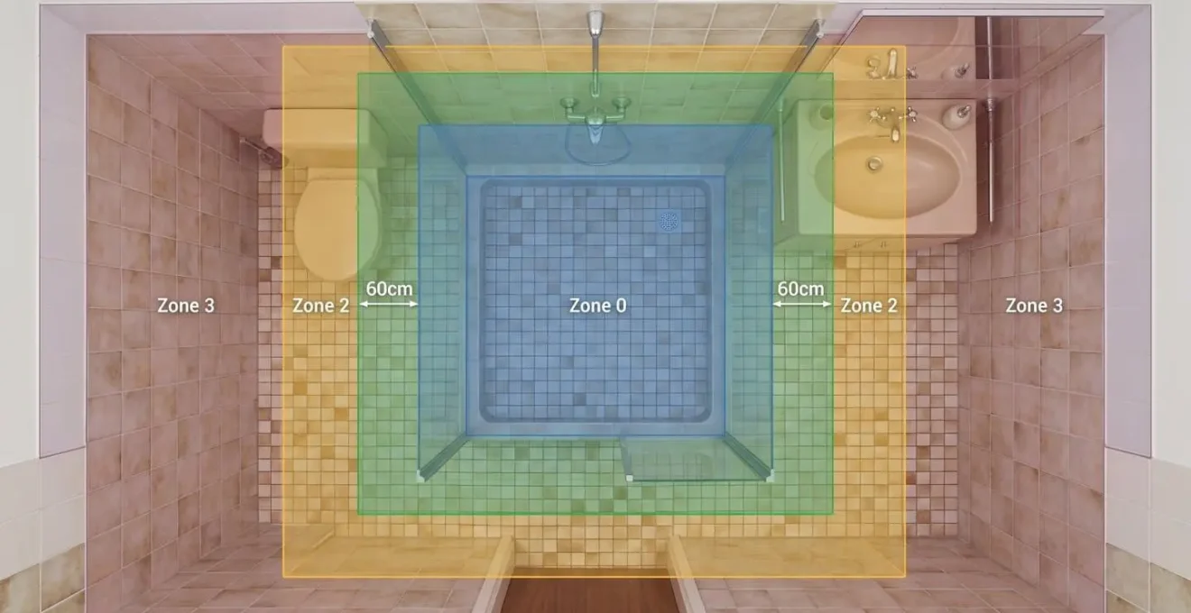 Schéma des volumes de sécurité dans une petite salle de bain des années 80